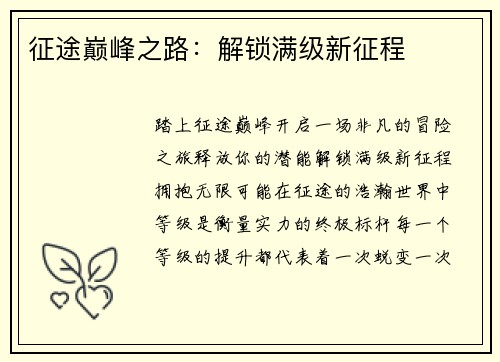 征途巅峰之路：解锁满级新征程