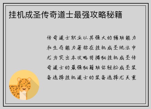 挂机成圣传奇道士最强攻略秘籍