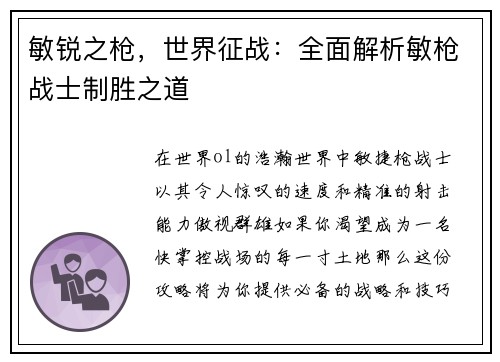 敏锐之枪，世界征战：全面解析敏枪战士制胜之道