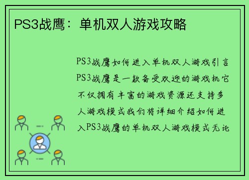 PS3战鹰：单机双人游戏攻略
